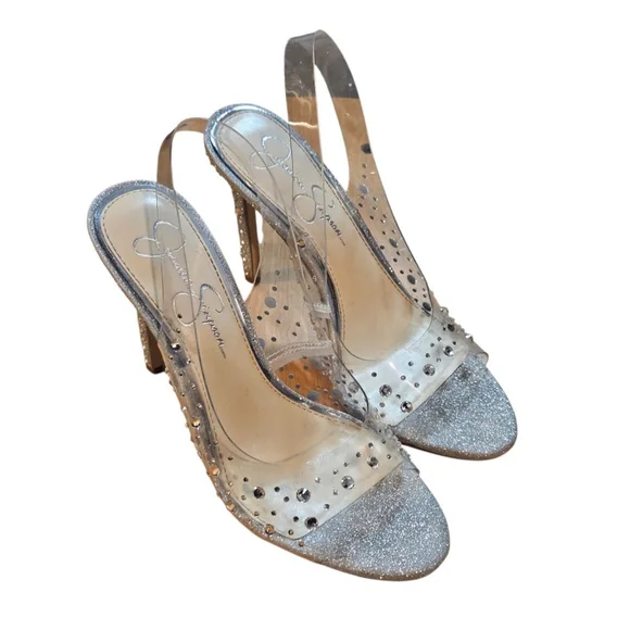 Jessica Simpson Silver Clear Glitter Slingback Heels Size 7 - Picture 4 of 14